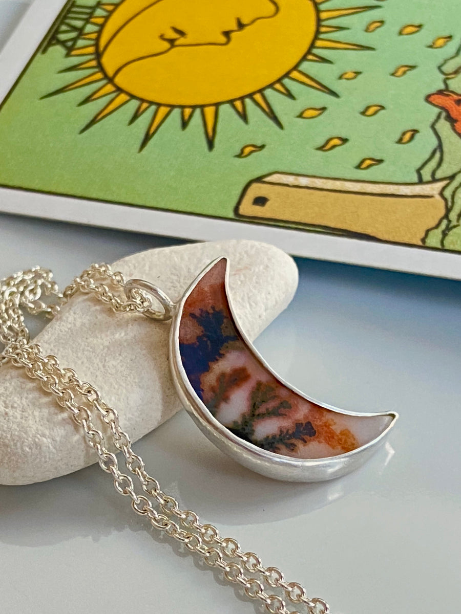 Dendritic Agate Crescent Moon Pendant Necklace, May Birthstone