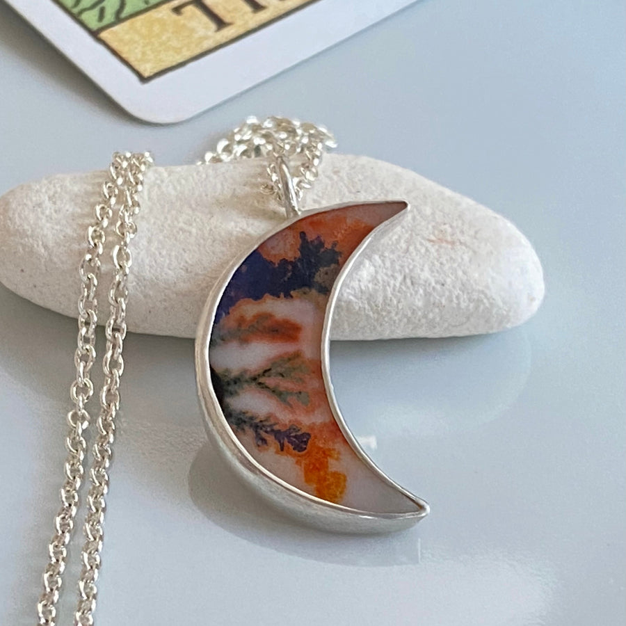 Dendritic Agate Crescent Moon Pendant Necklace, May Birthstone