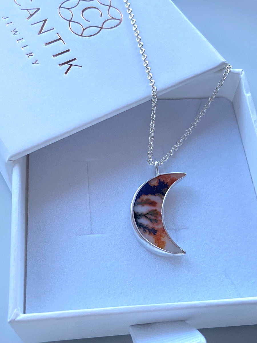 Dendritic Agate Crescent Moon Pendant Necklace, May Birthstone
