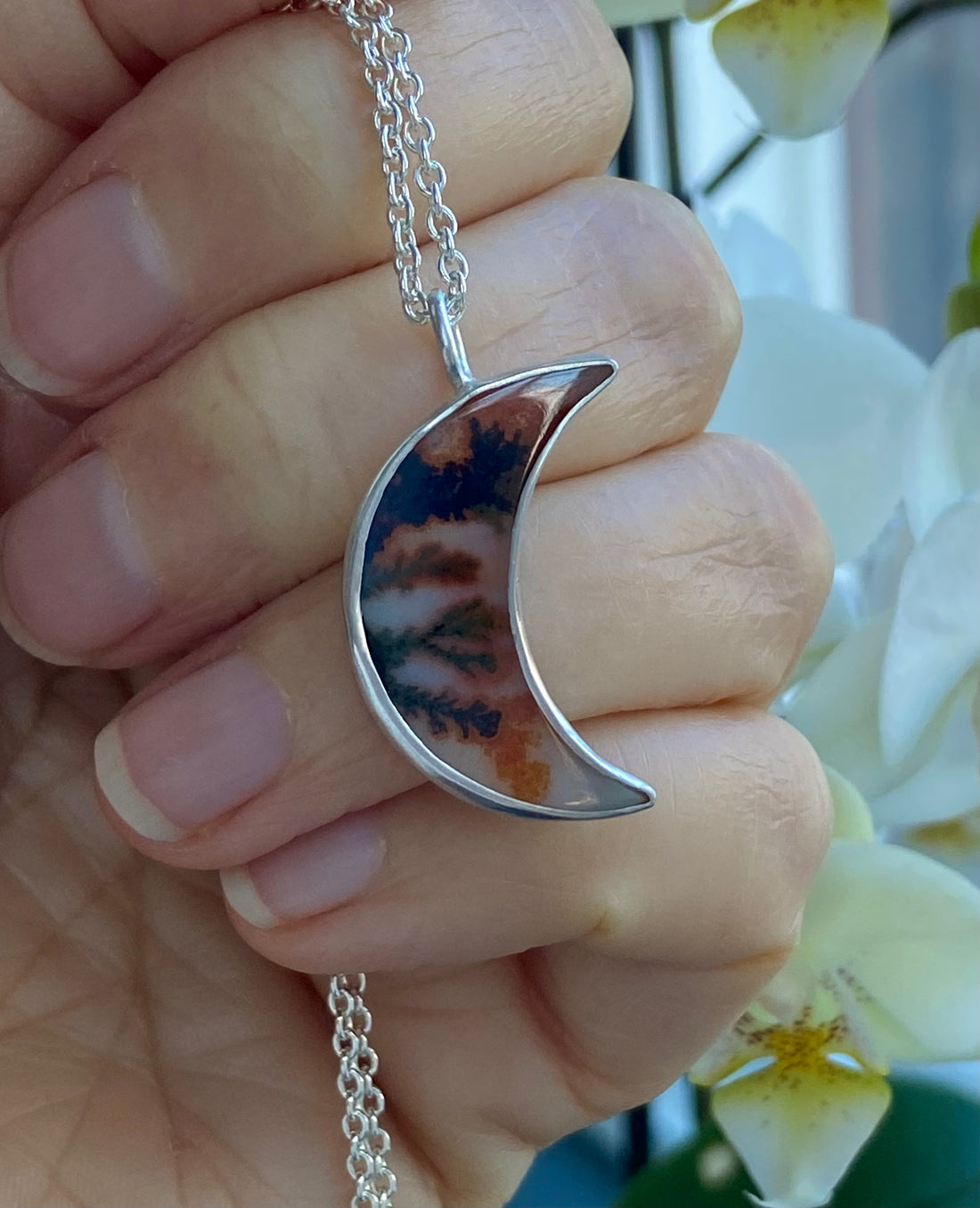 Dendritic Agate Crescent Moon Pendant Necklace, May Birthstone