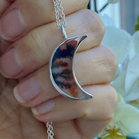 Dendritic Agate Crescent Moon Pendant Necklace, May Birthstone