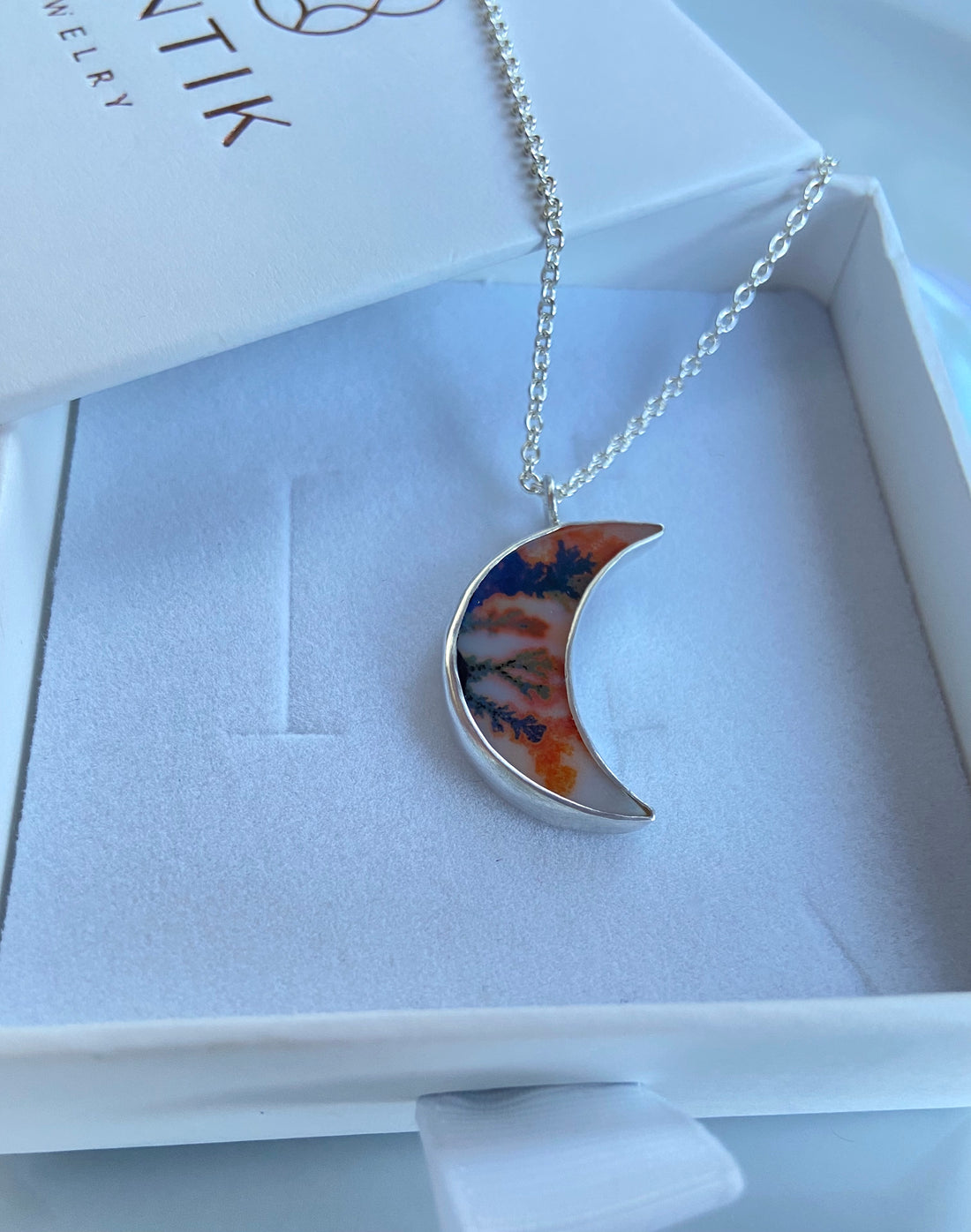 Dendritic Agate Crescent Moon Pendant Necklace, May Birthstone