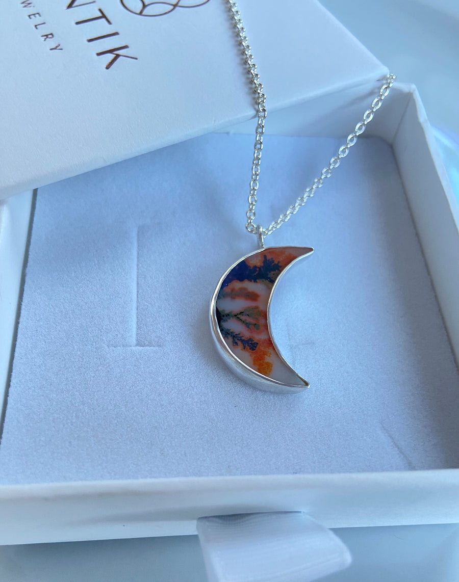 Dendritic Agate Crescent Moon Pendant Necklace, May Birthstone