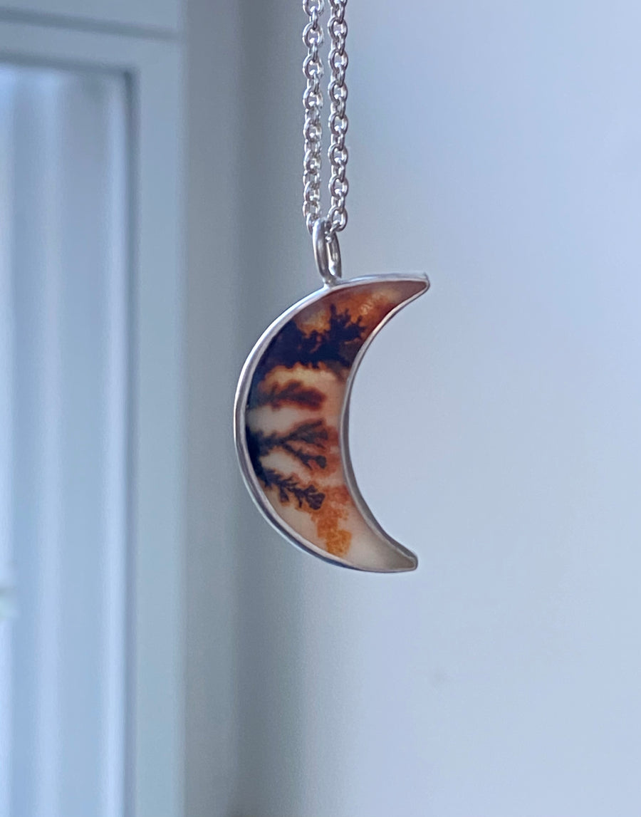 Dendritic Agate Crescent Moon Pendant Necklace, May Birthstone