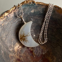 Dendritic Agate Crescent Moon Pendant Necklace, May Birthstone