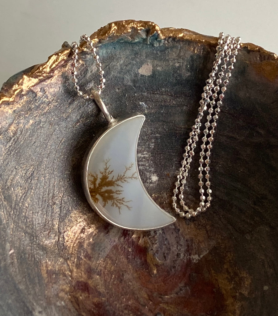 Dendritic Agate Crescent Moon Pendant Necklace, May Birthstone