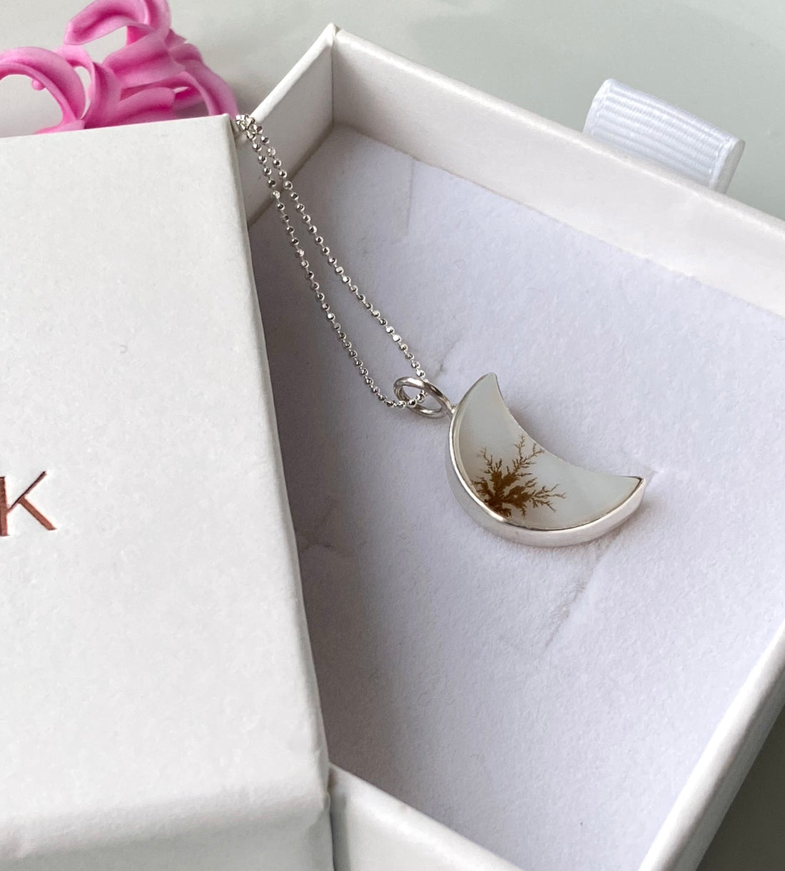 Dendritic Agate Crescent Moon Pendant Necklace, May Birthstone