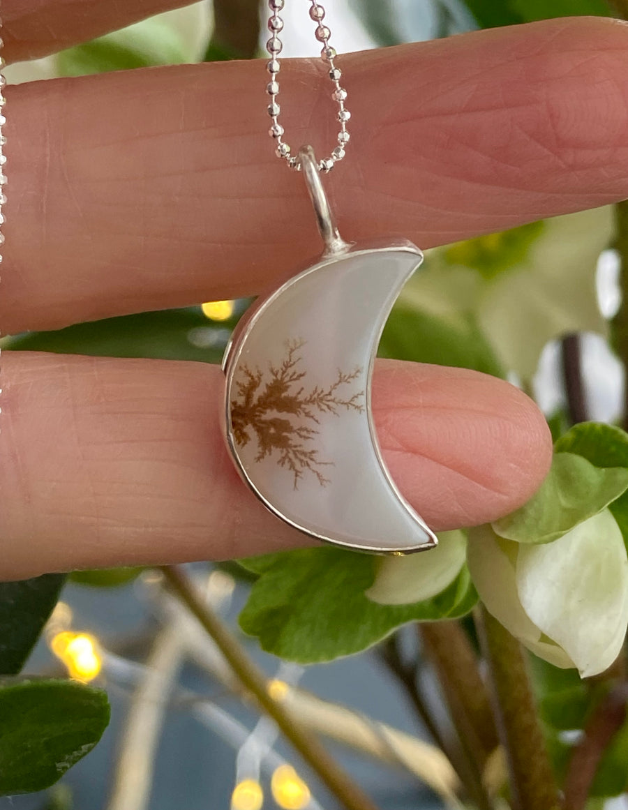Dendritic Agate Crescent Moon Pendant Necklace, May Birthstone