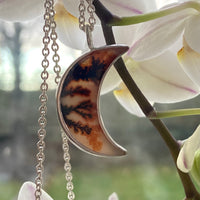 Dendritic Agate Crescent Moon Pendant Necklace, May Birthstone