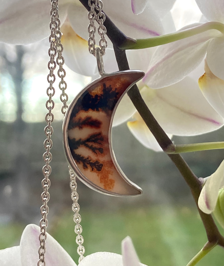 Dendritic Agate Crescent Moon Pendant Necklace, May Birthstone