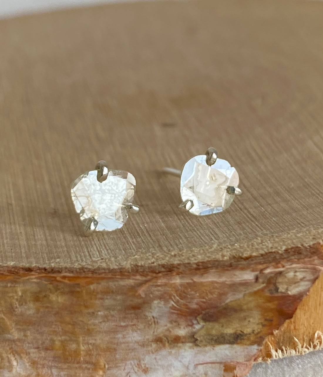 One-of-a-kind Sterling Silver Polki Cut Diamond Slice Earrings, April Birthstone Earrings, Bridesmaid Earrings