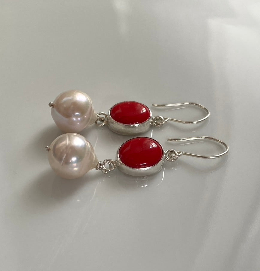 Cream White Edison Pearl and  Red Coral Earrings