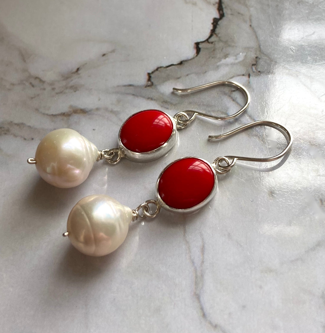 Cream White Edison Pearl and  Red Coral Earrings