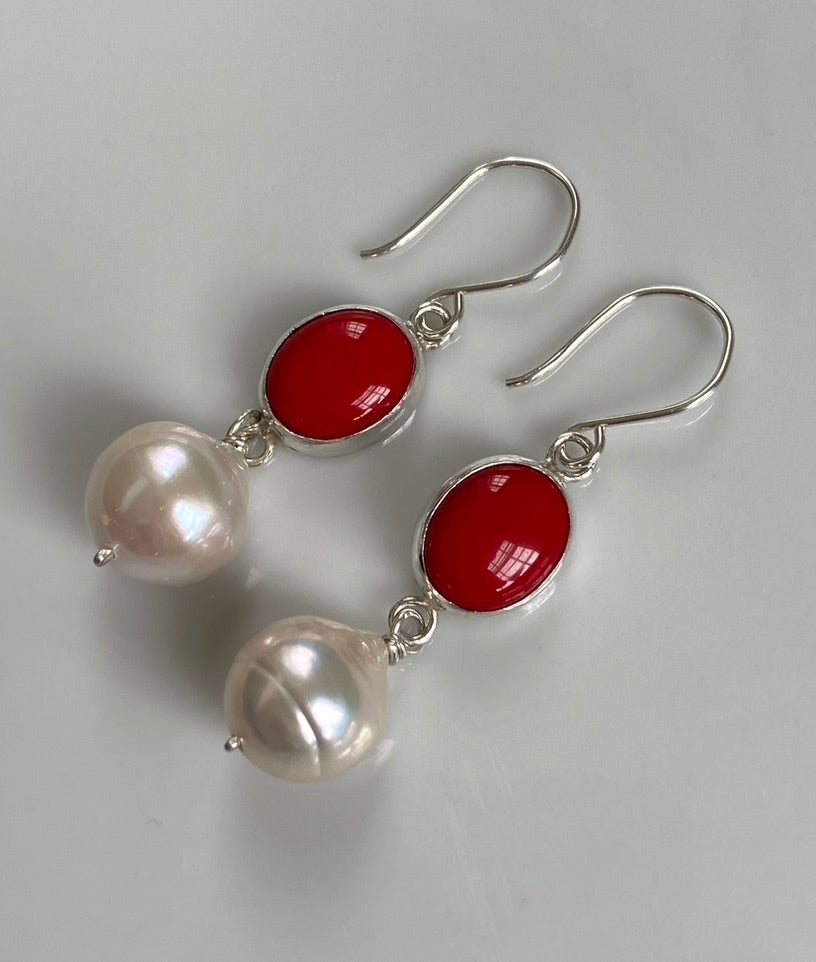 Cream White Edison Pearl and  Red Coral Earrings