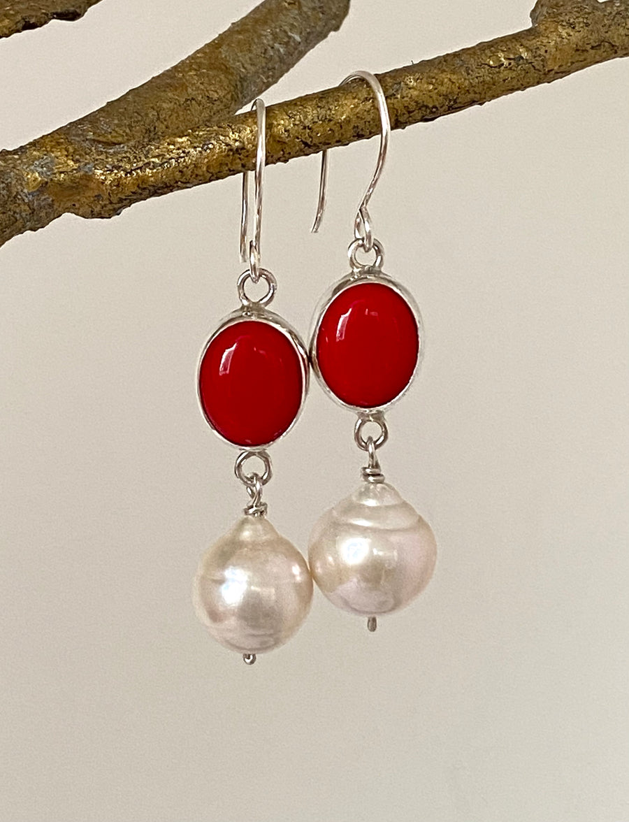Cream White Edison Pearl and  Red Coral Earrings