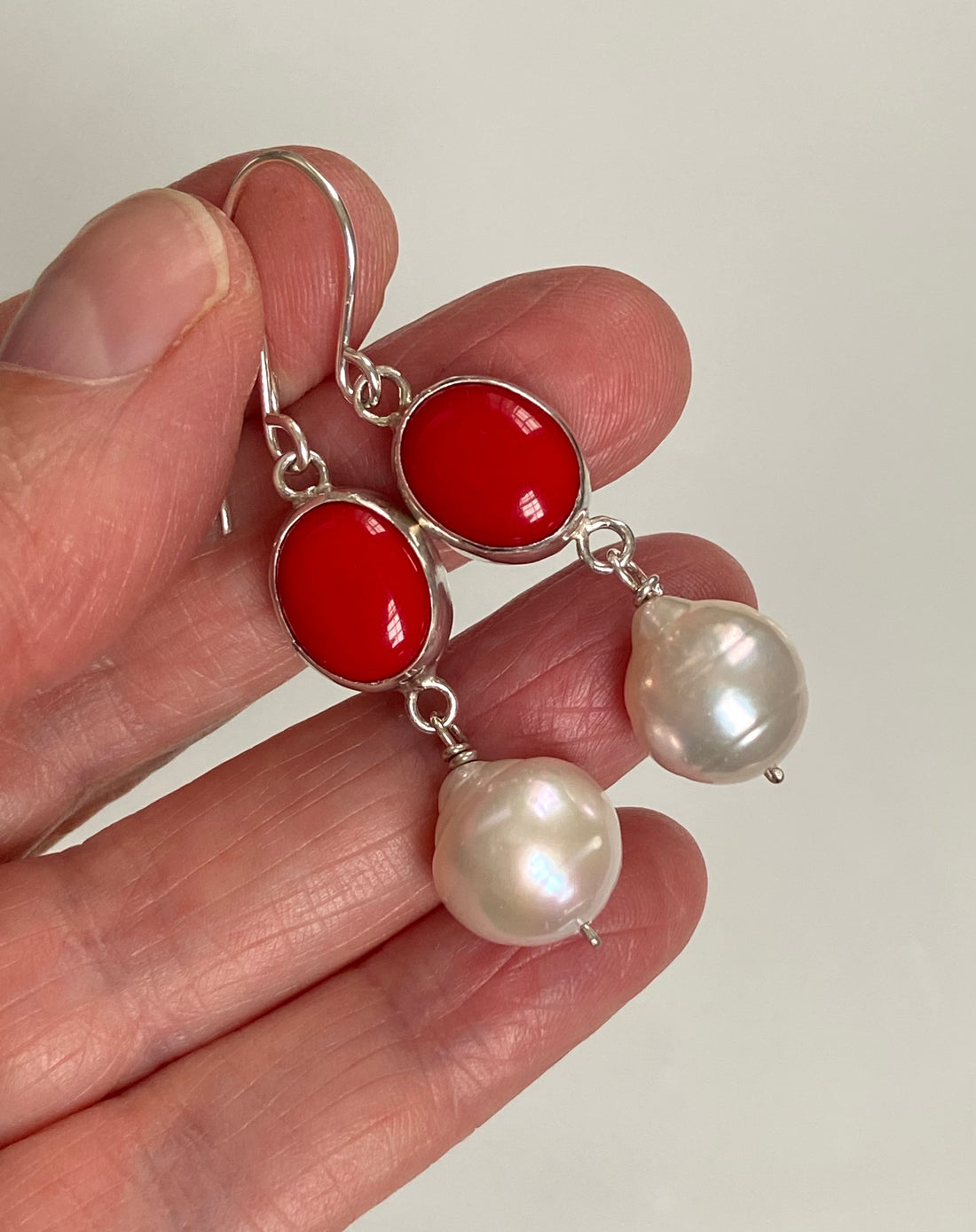 Cream White Edison Pearl and  Red Coral Earrings