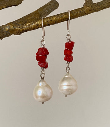 Cream White Edison Pearl and Vintage Italian Red Coral Earrings