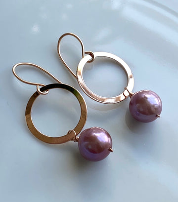 Purple Pink Edison Pearl Hoop Earrings