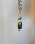 Emerald and Ethiopian Black Opal Pendant Necklace, October and May Birthstone Pendant
