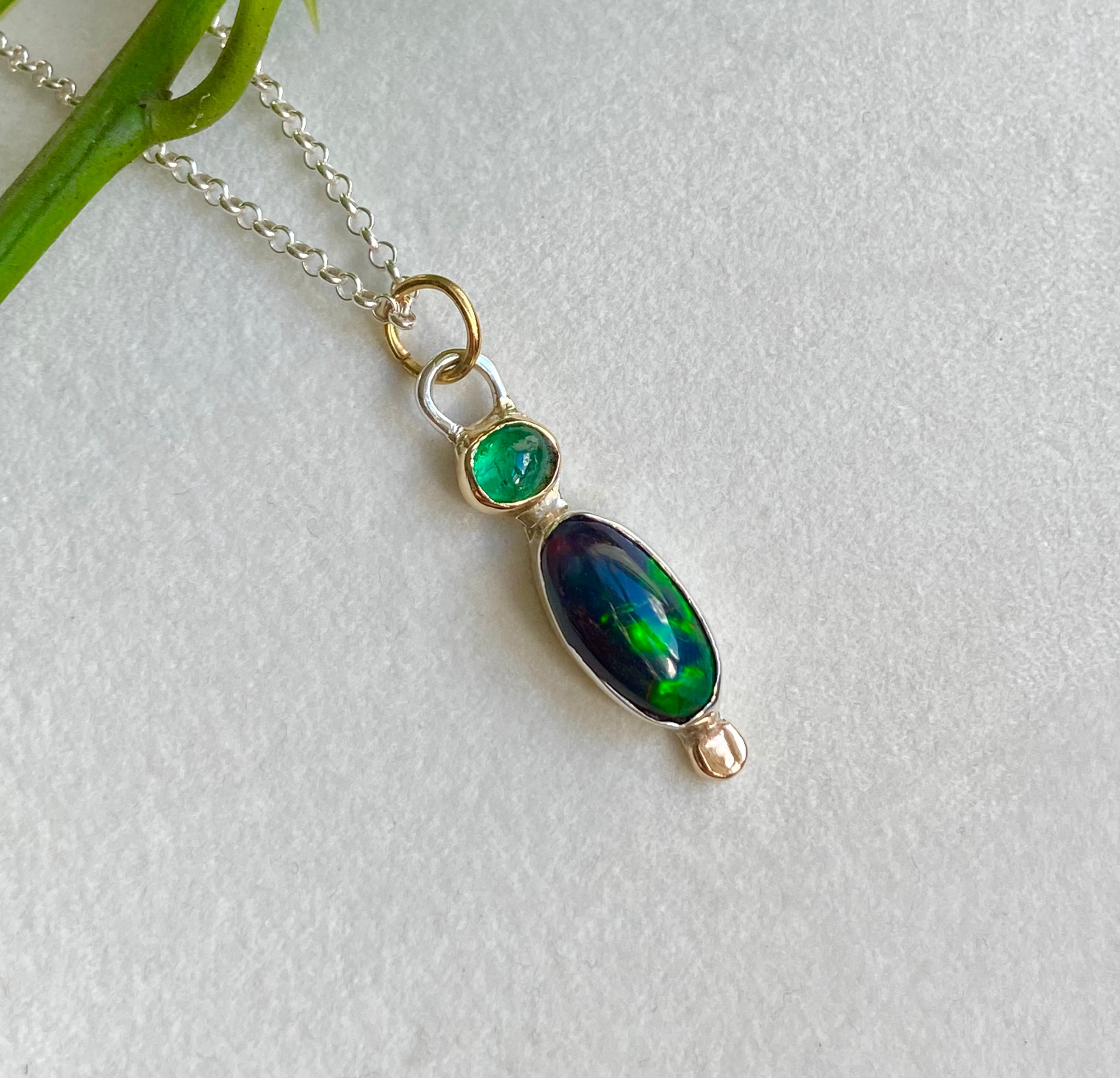 Emerald and Ethiopian Black Opal Pendant Necklace, October and May Birthstone Pendant