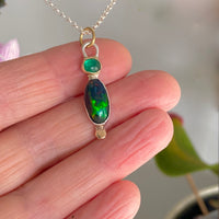 Emerald and Ethiopian Black Opal Pendant Necklace, October and May Birthstone Pendant