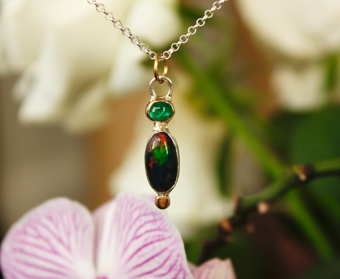 Emerald and Ethiopian Black Opal Pendant Necklace, October and May Birthstone Pendant