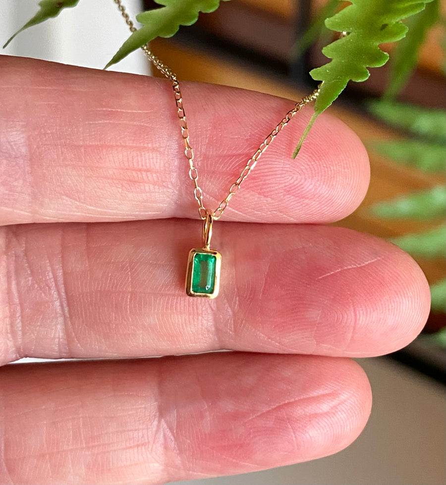 Emerald and 14k Gold Charm Pendant Necklace, May Birthstone Jewelry