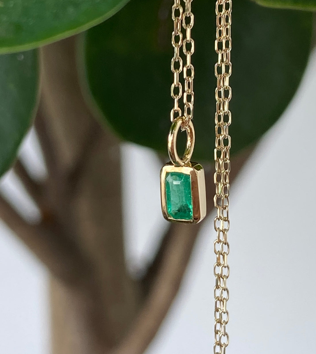 Emerald and 14k Gold Charm Pendant Necklace, May Birthstone Jewelry