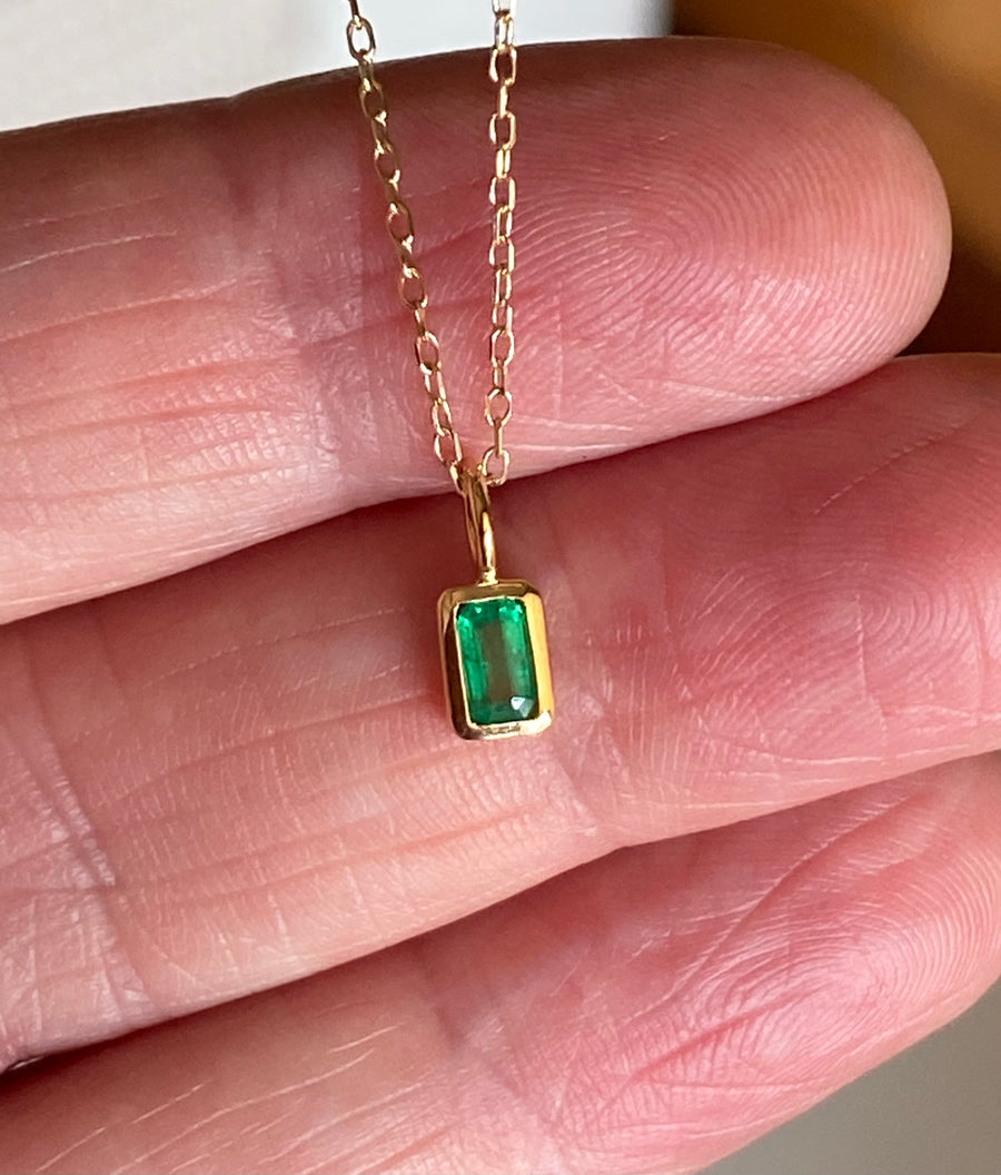 Emerald and 14k Gold Charm Pendant Necklace, May Birthstone Jewelry