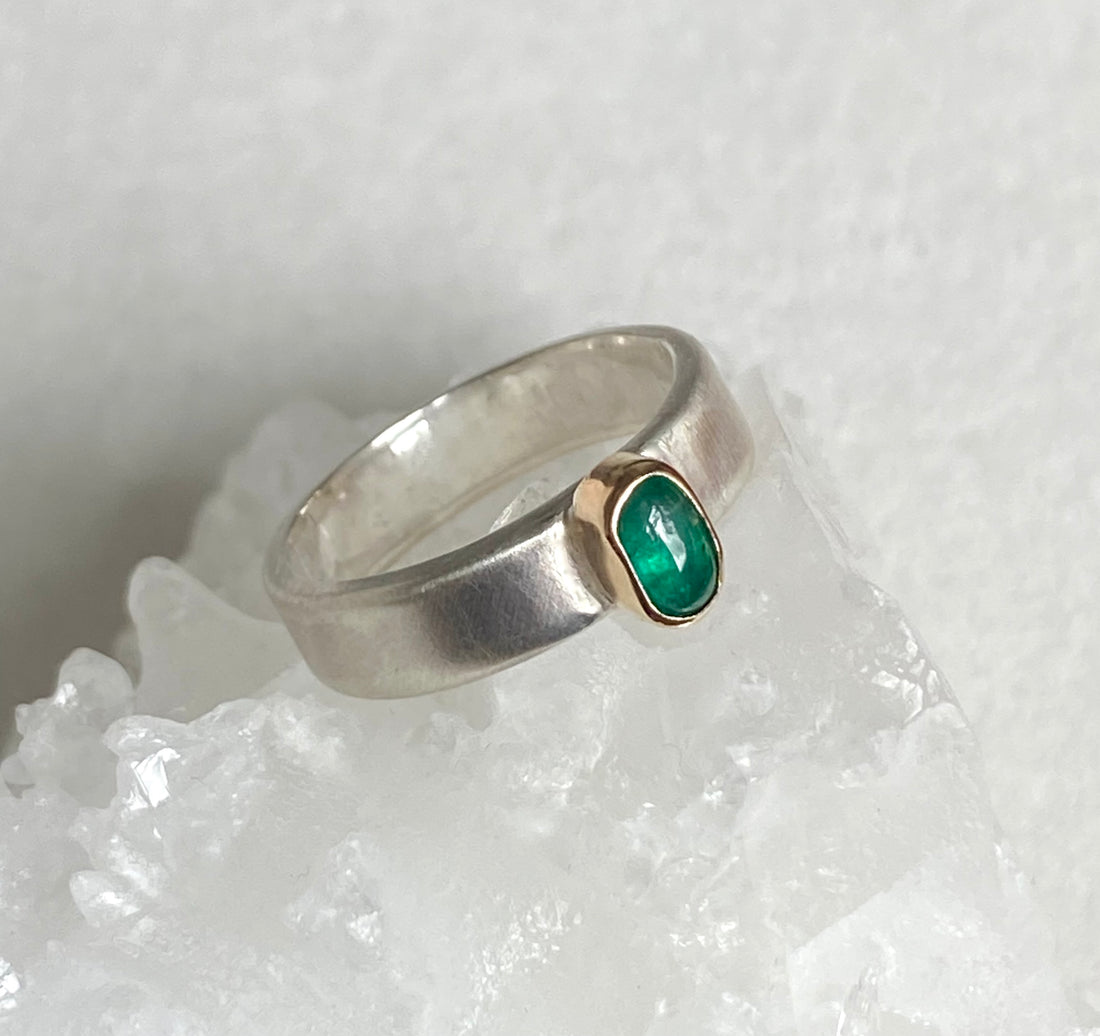 Emerald and Mixed Metal Ring, Wedding Ring, Engagement Ring, May Birthstone Ring