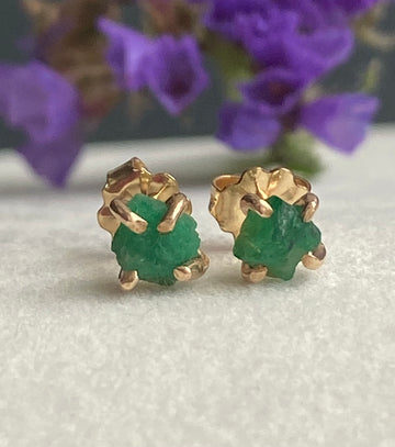 Raw Emerald  Stud Earrings, May Birthstone Earrings