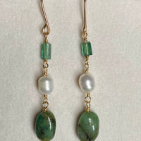 Raw Emerald, Indicolite Tourmaline and Pearl Earrings