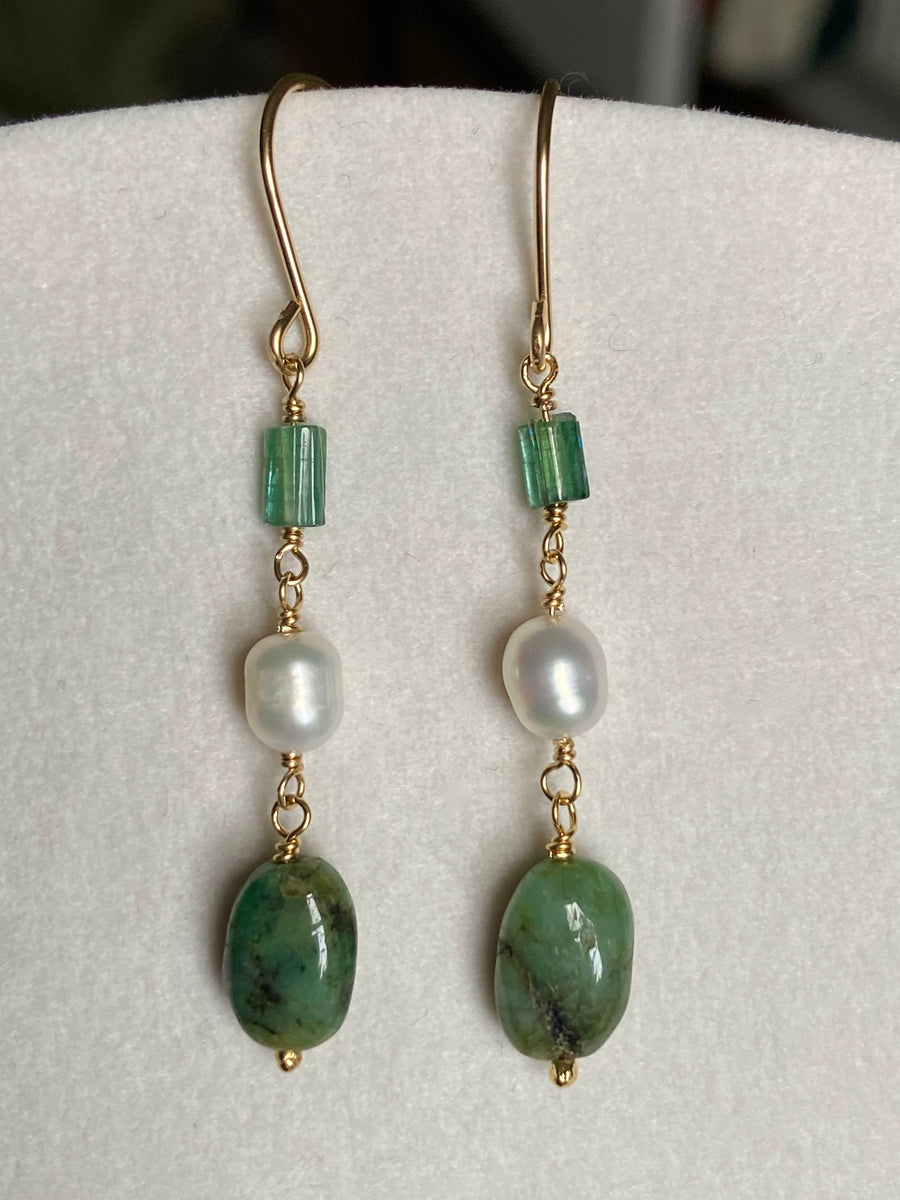 Raw Emerald, Indicolite Tourmaline and Pearl Earrings