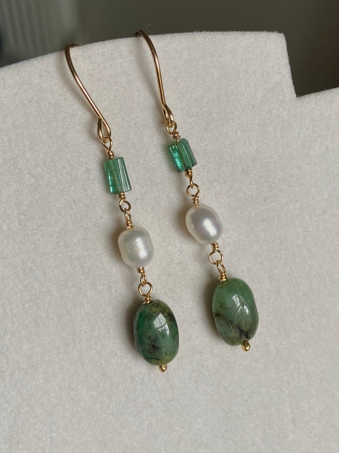 Raw Emerald, Indicolite Tourmaline and Pearl Earrings