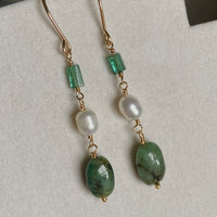 Raw Emerald, Indicolite Tourmaline and Pearl Earrings