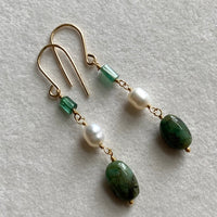 Raw Emerald, Indicolite Tourmaline and Pearl Earrings