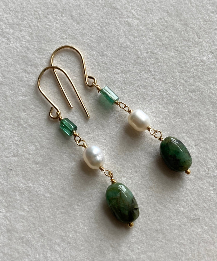 Raw Emerald, Indicolite Tourmaline and Pearl Earrings