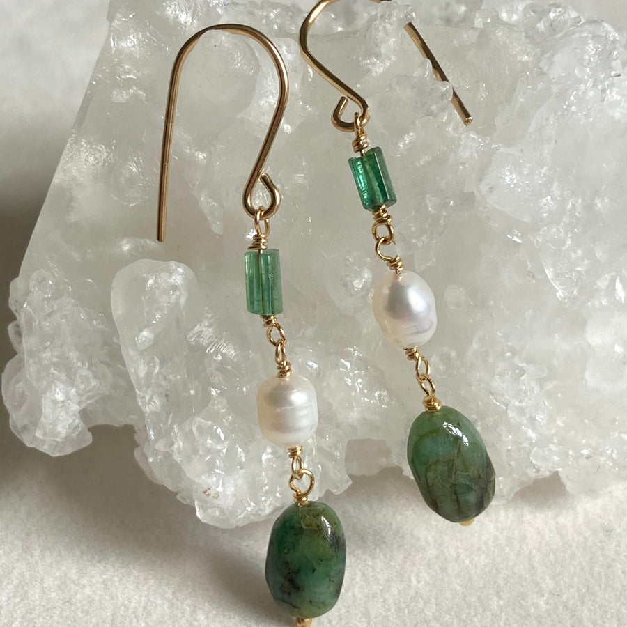 Raw Emerald, Indicolite Tourmaline and Pearl Earrings