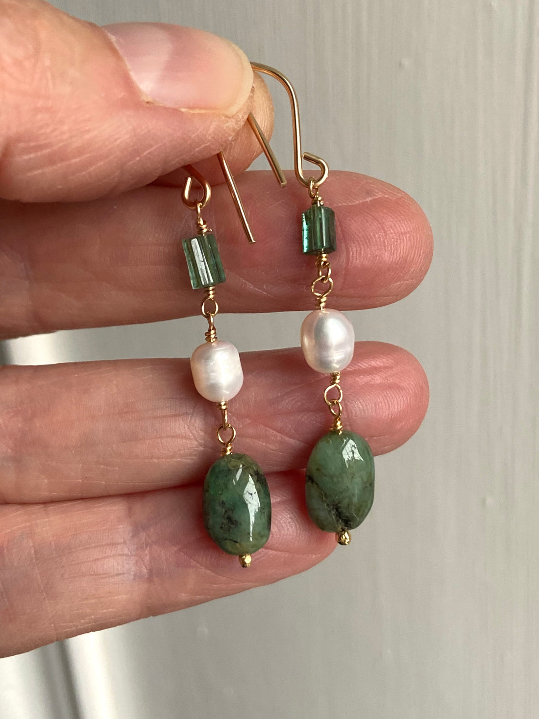 Raw Emerald, Indicolite Tourmaline and Pearl Earrings