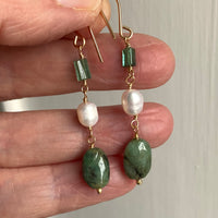 Raw Emerald, Indicolite Tourmaline and Pearl Earrings