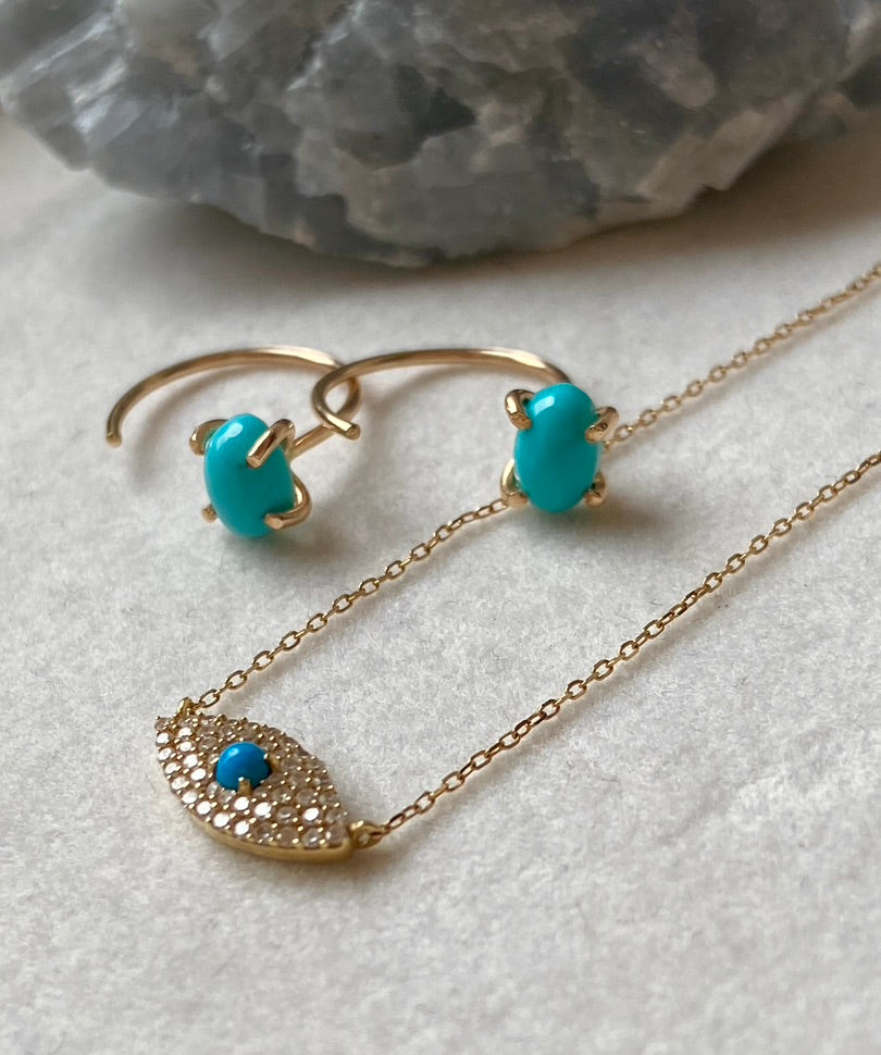 Diamond and Kingman Turquoise Evil Eye Necklace, April Birthstone Necklace