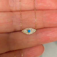 Diamond and Kingman Turquoise Evil Eye Necklace, April Birthstone Necklace