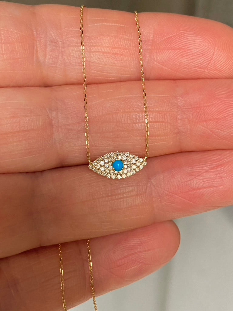 Diamond and Kingman Turquoise Evil Eye Necklace, April Birthstone Necklace