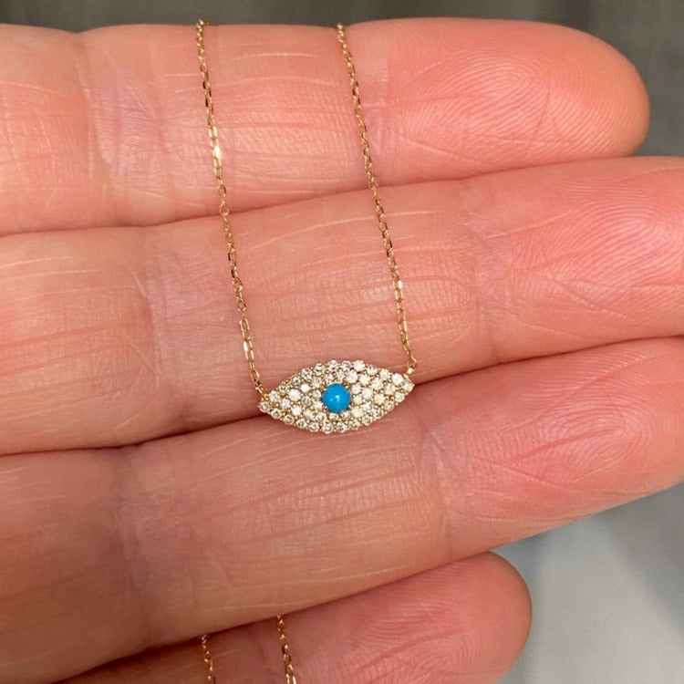 Diamond and Kingman Turquoise Evil Eye Necklace, April Birthstone Necklace