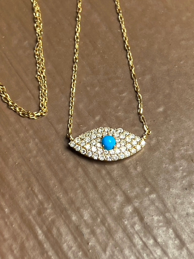 Diamond and Kingman Turquoise Evil Eye Necklace, April Birthstone Necklace