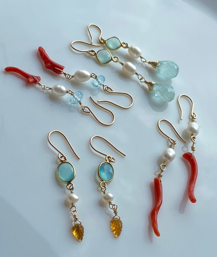Long Aquamarine, Pearl and Chalcedony Earrings, March Birthstone Earrings