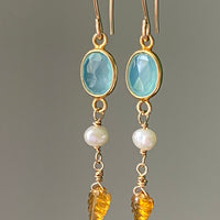 Tourmaline Leaf, Pearl and Chalcedony Earrings