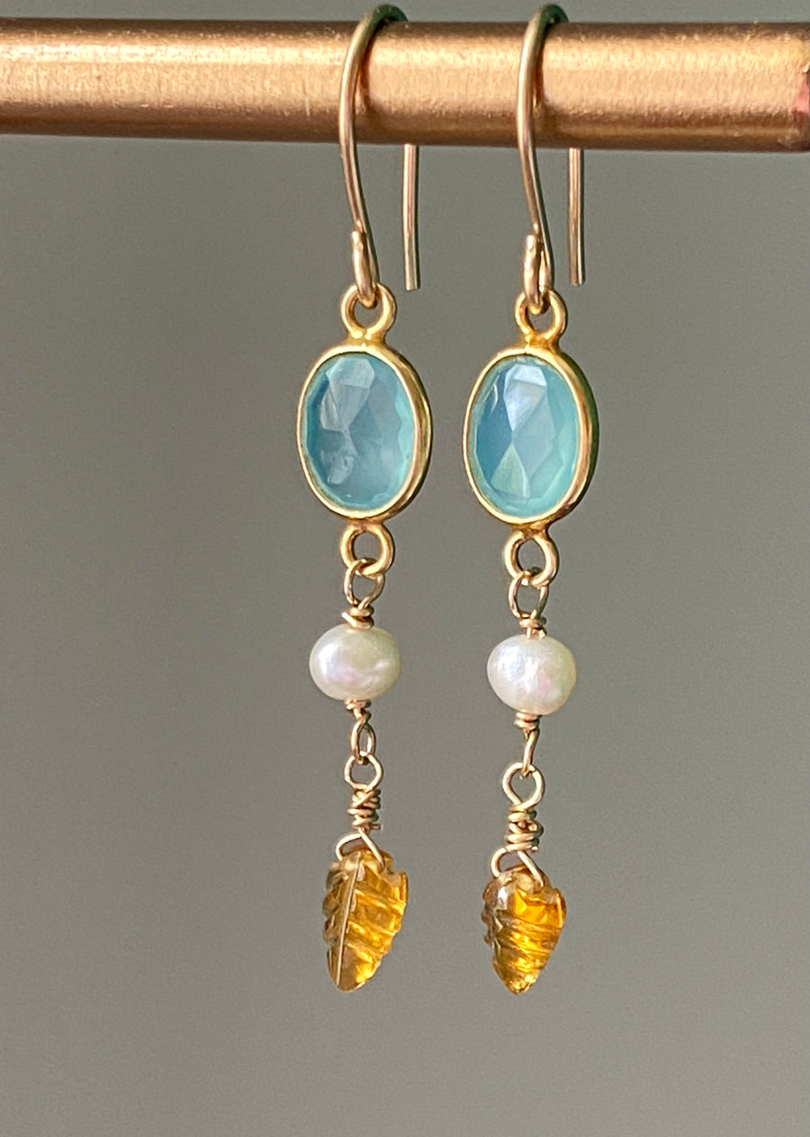 Tourmaline Leaf, Pearl and Chalcedony Earrings