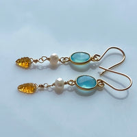 Tourmaline Leaf, Pearl and Chalcedony Earrings