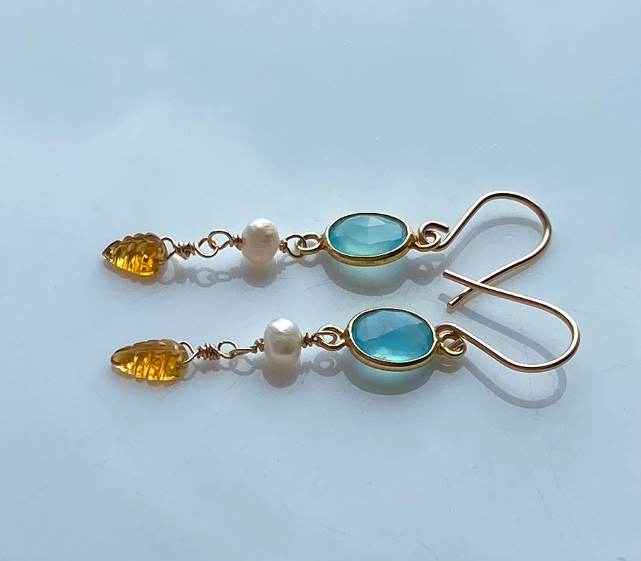 Tourmaline Leaf, Pearl and Chalcedony Earrings